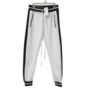 WEIV Mens Track Joggers White Black Side Stripe Zip Pockets TP0180 Size L NEW
